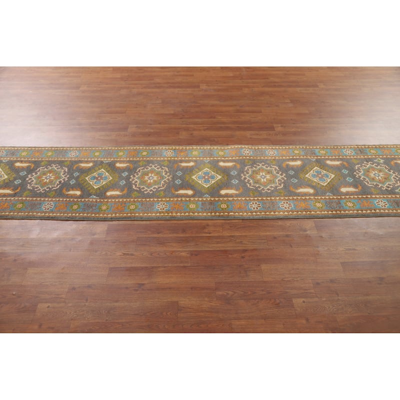 Gray Geometric Kazak Oriental Runner Rug Handmade Grey Wool Carpet - 2'1" x 10'1"