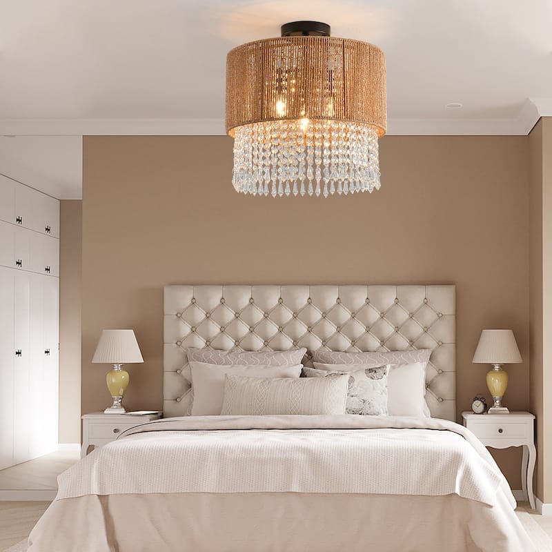3 - Light Bohemian Rattan & Crystal Semi - Flush Mount Chandelier