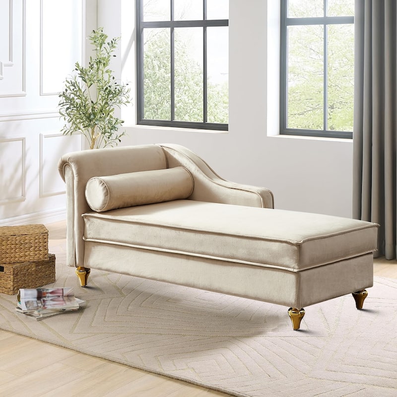 French Elegant Velvet Upholstered Storage Chaise Lounge Chair with a Pillow - Beige