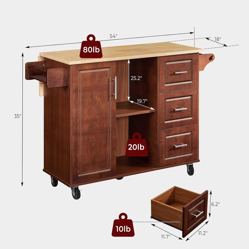 54" Rolling Kitchen Island Cart with Storage, Wood Island Table for Kitchen with 3 Drawers and Spice Rack