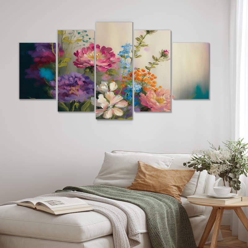 Designart "Painted Blossoming Wildflowers III" Floral Bouquet Multipanel Wall Art Living Room