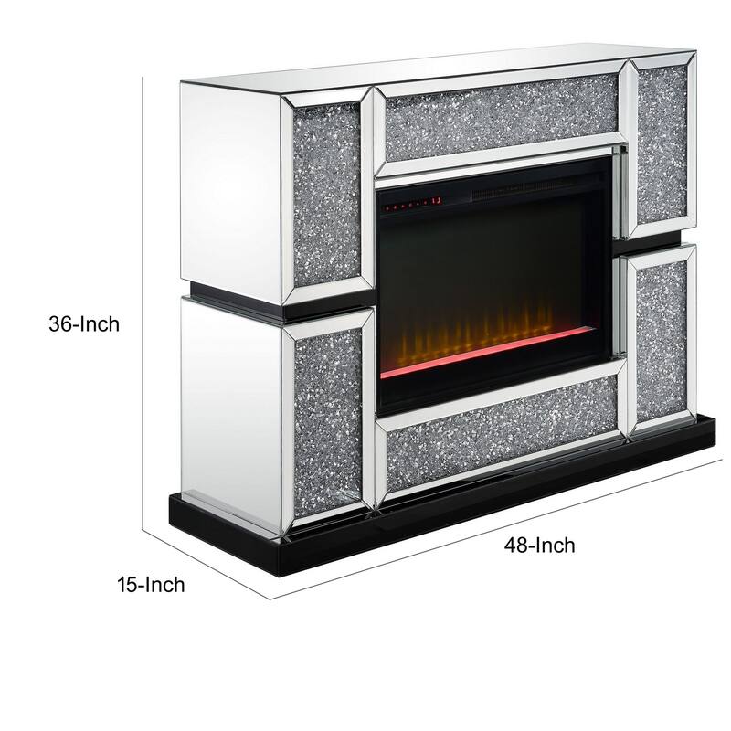 Electric Fireplace with Mirror Panel Framing and Faux Crystals Inlay,Silver