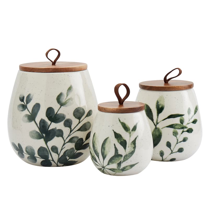 Tabletops Gallery 3PC Green Leaf Canisters with Acacia Wood Lid