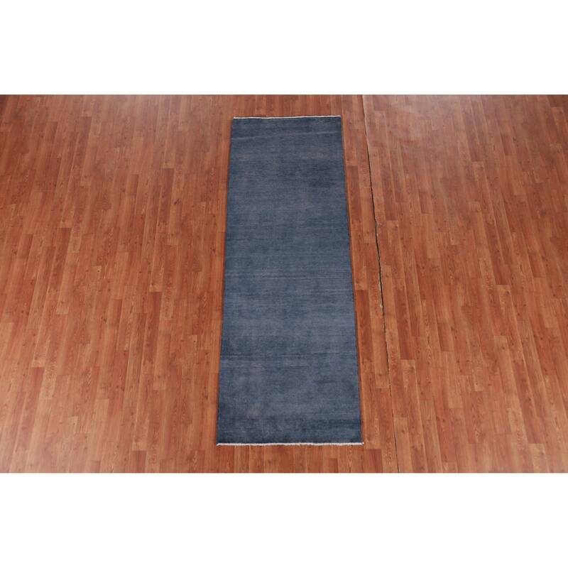 Hand Knotted Oriental 100% Wool Carpet Modern Solid Navy Blue & Blues Gabbeh Runner Rug - 7' 11'' X 2' 9''