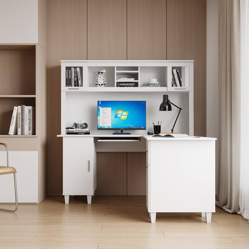 Home Office Computer Desk with Storage Shelves, Drawer, and Cabinets