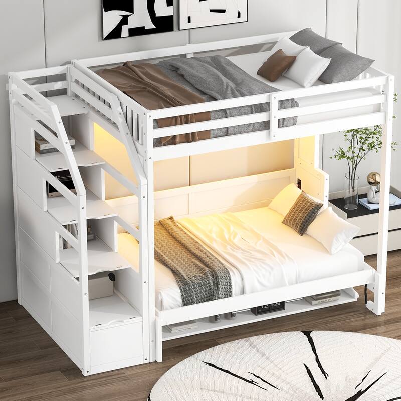 Full XL Loft Bed with Built-In Storage Staircase & Murphy Bed – Space-Saving Design with LED Lighting in White Finish