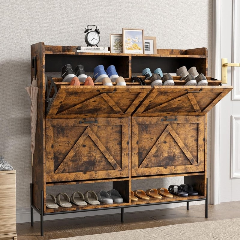 Shoe Cabinet with 4 Flip Drawers and Open Shelves