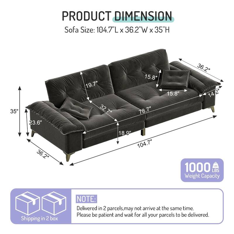 104.7" Modern Sectional Sofa with Tufted Design, Removable Armrests, Metal Legs & 2 Pillows, Chenille Upholstered Couch