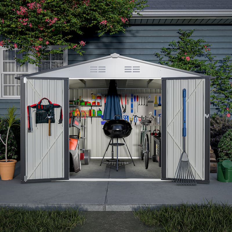 10X8 FT Outdoor Storage Shed, All Weather Metal Tool Shed - White
