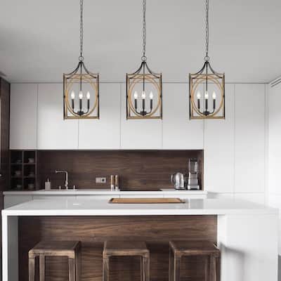 Modern Farmhouse 4-Light Lantern Wood Cage Candle Chandelier for Kitchen Island - L12.5"xW12.5"xH23.5"