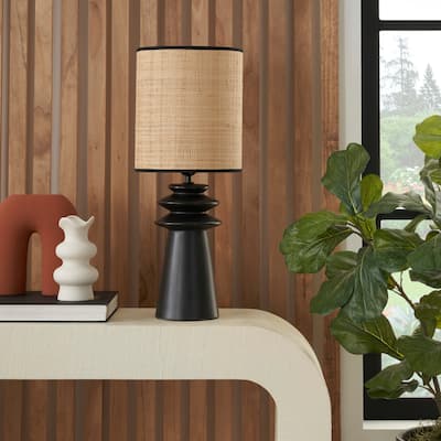 Nourison 22" Black Ceramic Tiered Table Lamp with Straw Shade