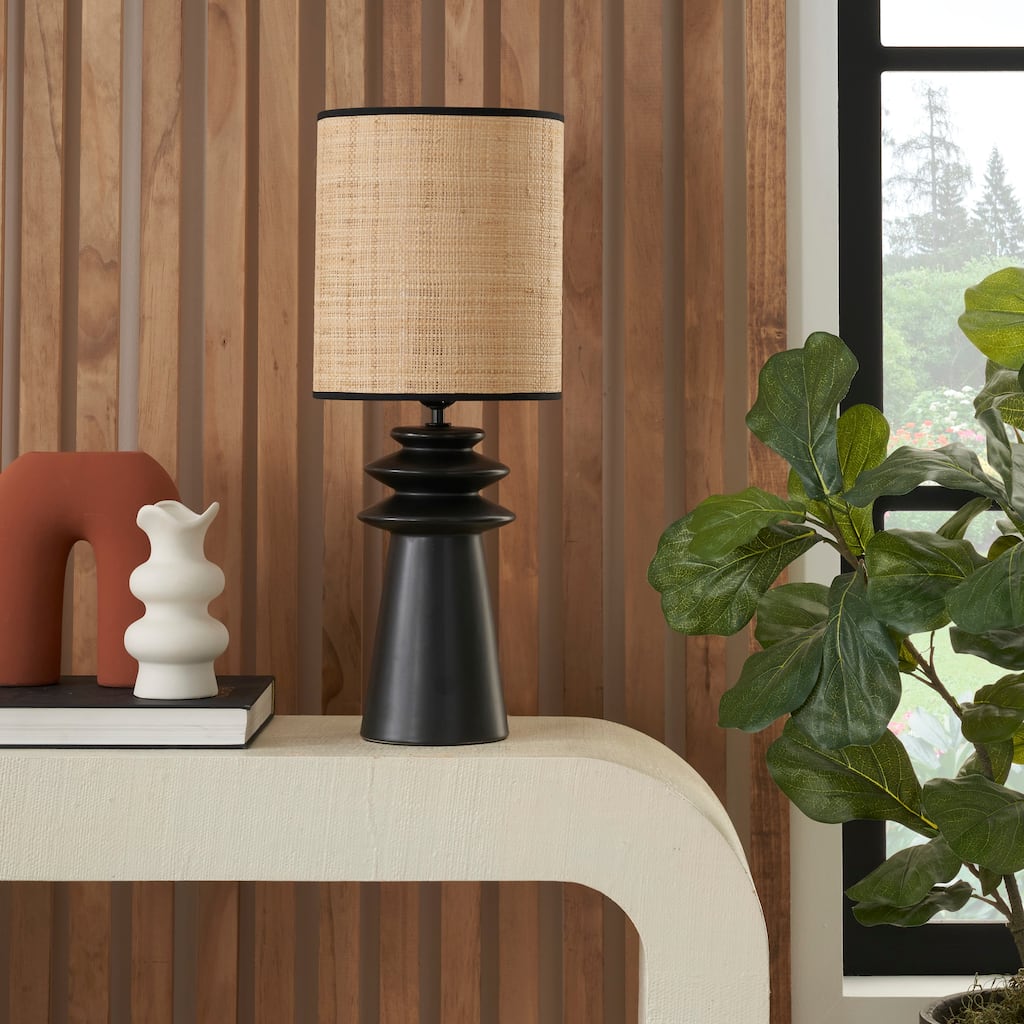 Nourison 22" Black Ceramic Tiered Table Lamp with Straw Shade