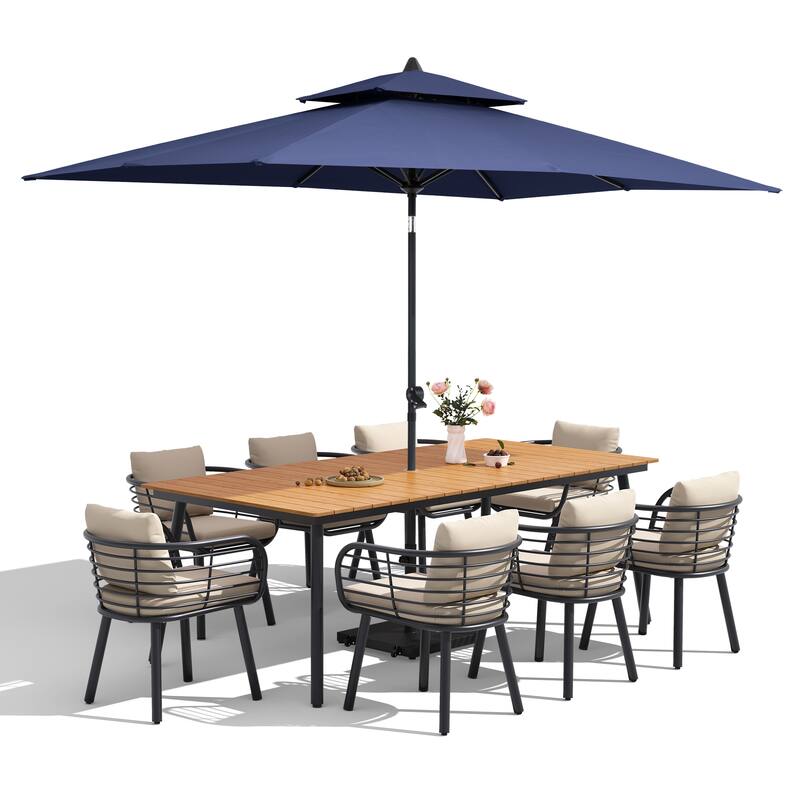 11-Piece Outdoor Patio Dining Set with Sunbrella Cushion Aluminum Dining Table and Chairs w/10 ft Umbrella and Base with Wheels