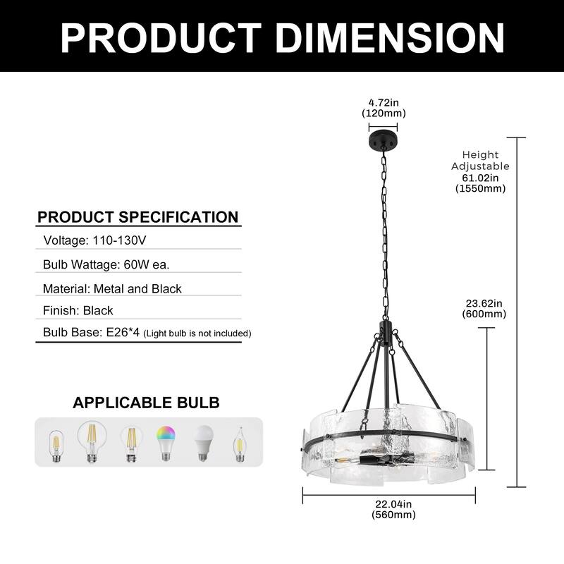 Modern Chandelier for Dining Room 4-Light Farmhouse Chandelier Lighting Adjustable Height for Living Room Foyer Bedroom