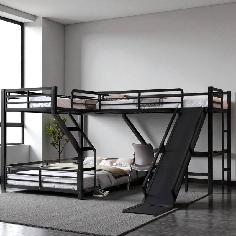 L-Shaped Metal Triple Bunk Bed with Slide & USB, Twin XL over Queen/Twin over Full with Loft, Noise-Free, Black - Black - Queen
