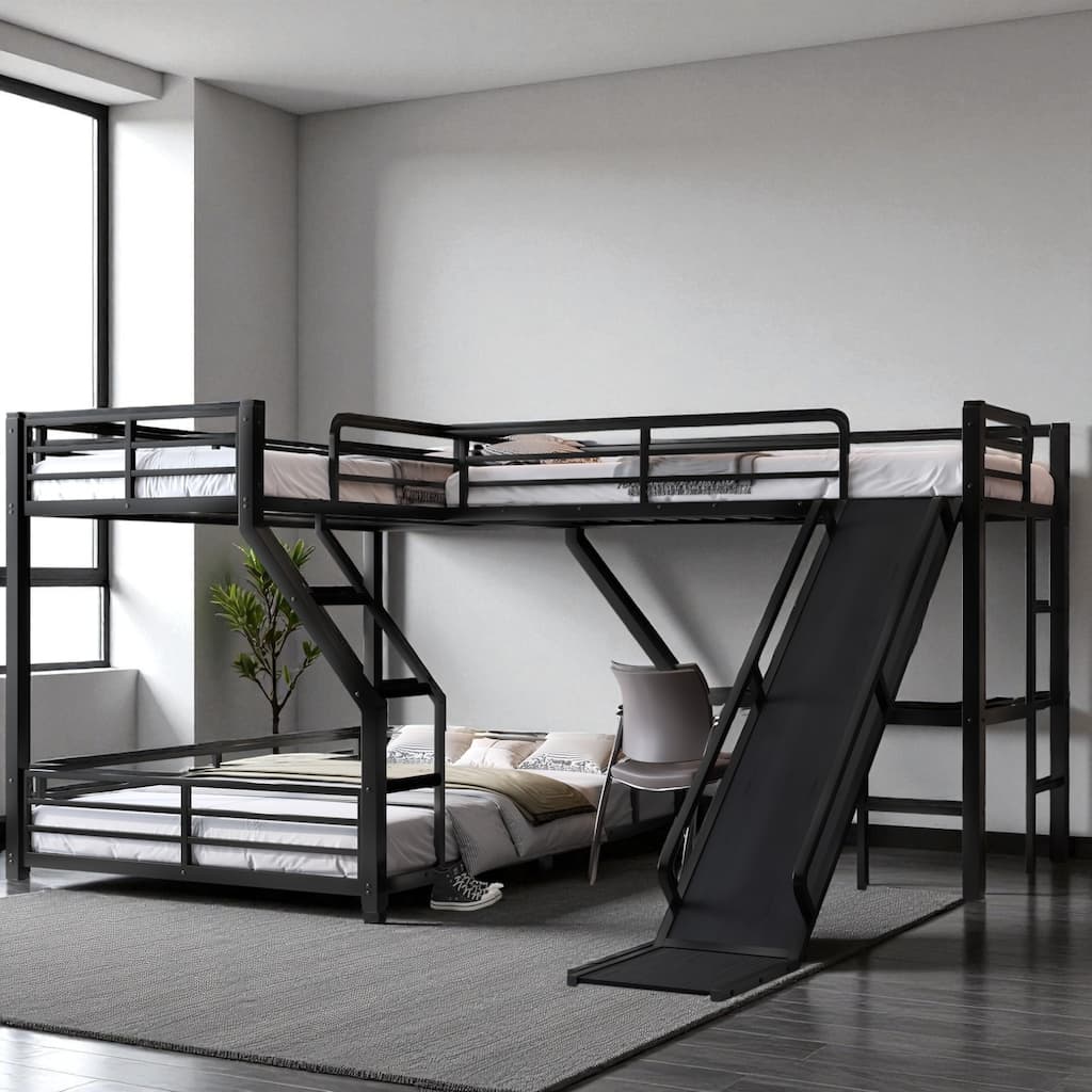 L-Shaped Metal Triple Bunk Bed with Slide & USB, Twin XL over Queen/Twin over Full with Loft, Noise-Free, Black