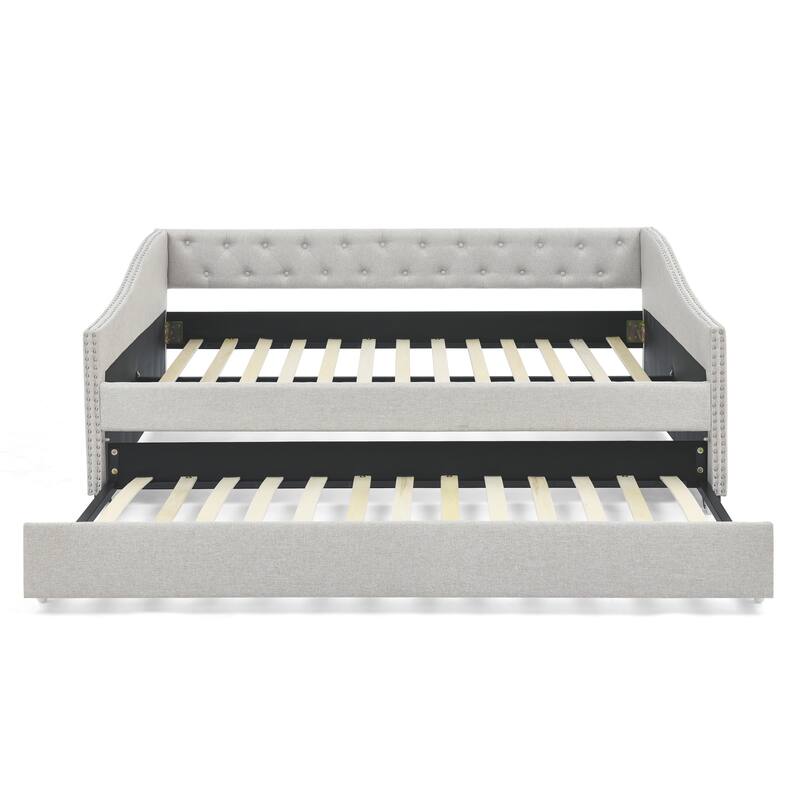Button Tufted Sofa Bed with Pull Out Bed & Nailhead Decorative Arms