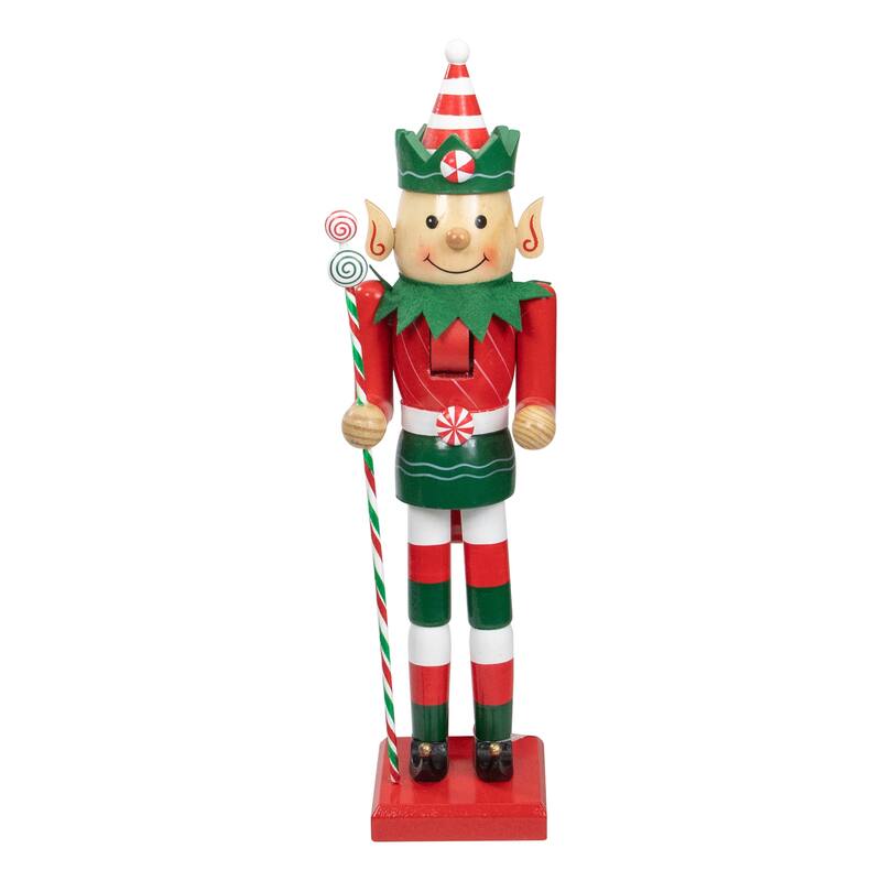 15" Red and Green Traditional Striped Elf Christmas Nutcracker