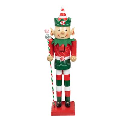 15" Red and Green Traditional Striped Elf Christmas Nutcracker