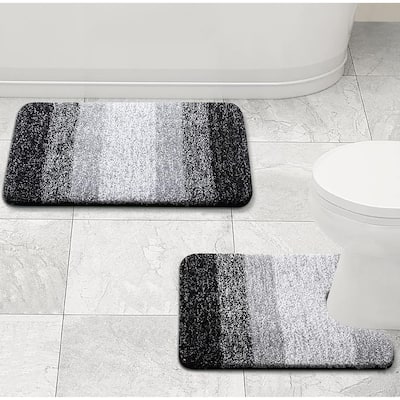 Large 2 Piece Black Ombre Microfiber Soft Thick Plush Bath Mat Set