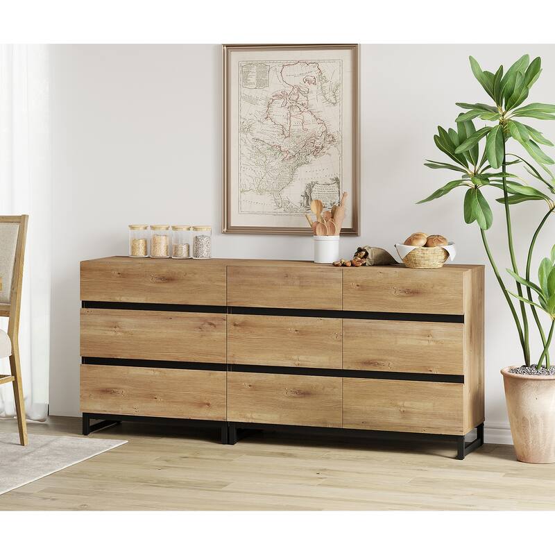 WAMPAT 3 in 1 Dresser with Glass Doors and 7 Drawers, Modern Chest of Drawers with Adjustable Shelf for Bedroom - Oak - 7-drawer