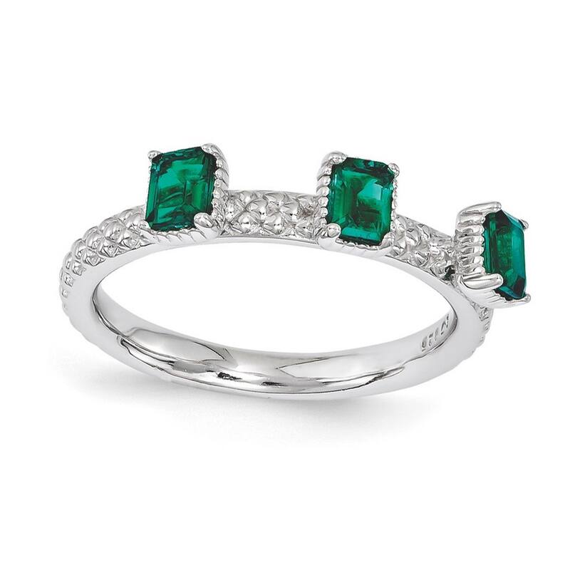 Curata 2.5mm 925 Sterling Silver Polished Prong set Stackable Expressions Created Emerald Three Stone Ring