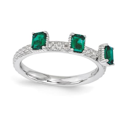 Curata 2.5mm 925 Sterling Silver Polished Prong set Stackable Expressions Created Emerald Three Stone Ring