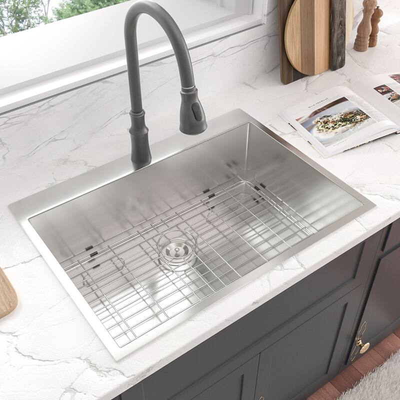 Lordear 18 Gauge Single Bowl Drop-In Stainless Steel Kitchen Sink Brushed