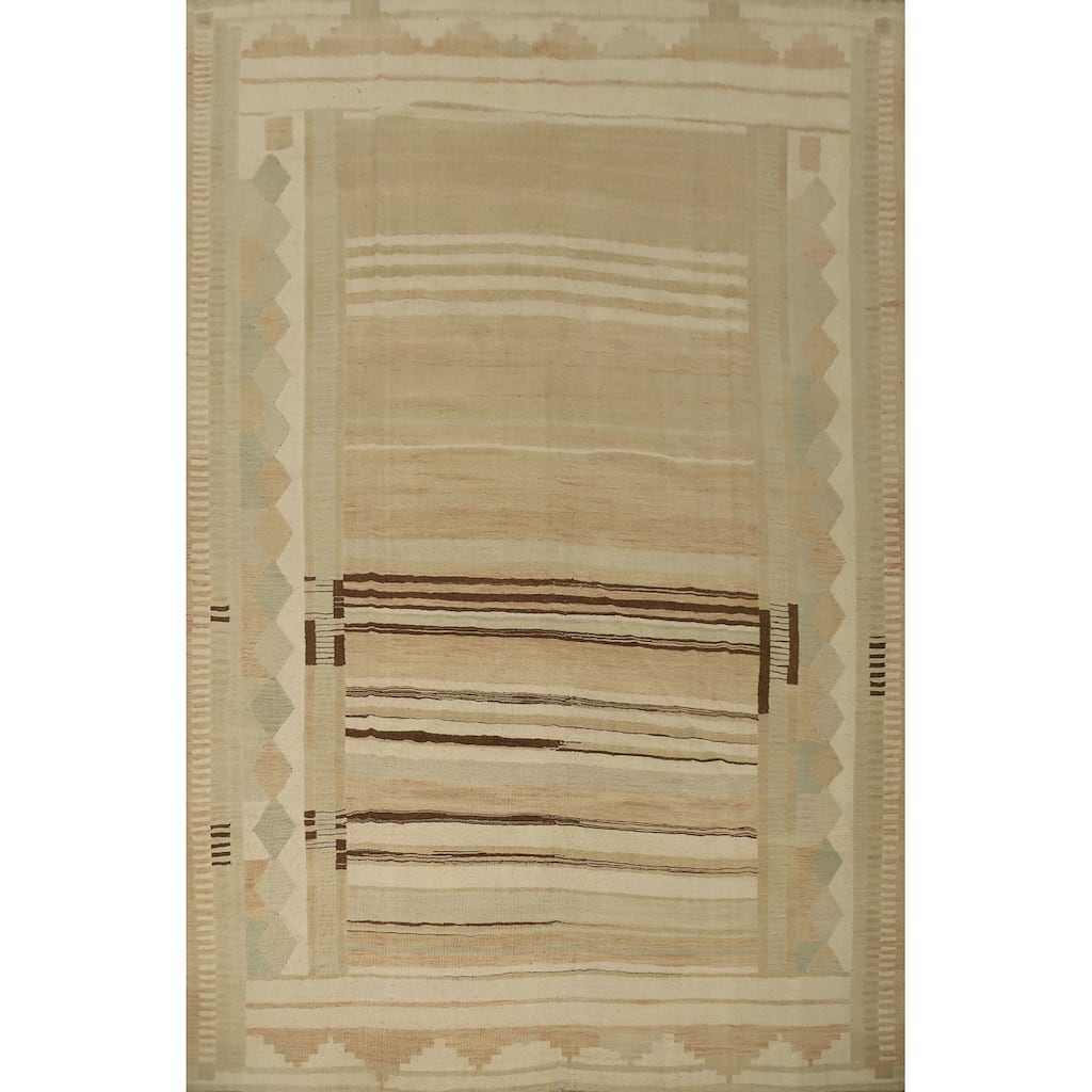 Hand Woven Oriental 100% Wool Carpet Southwestern Tribal Beige & Ivories Kilim Area Rug - 11' 8'' X 9' 4''