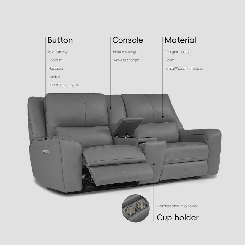 98''W Top Grain Leather Triple-Power Recliner Loveseat Sofa with Power Headrest, Pop-Out Cup Holders