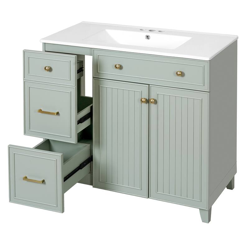 36" Bathroom Vanity with Ceramic Sink, Standard and Double-Layer Drawers, Soft Close Doors, Adjustable Shelves, Storage Cabinet
