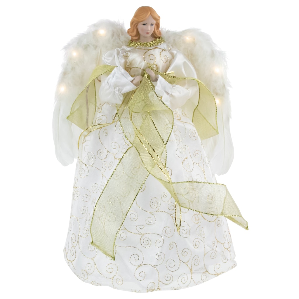 14" Lighted White and Gold Angel in a Dress Christmas Tree Topper - Warm White Lights - 14