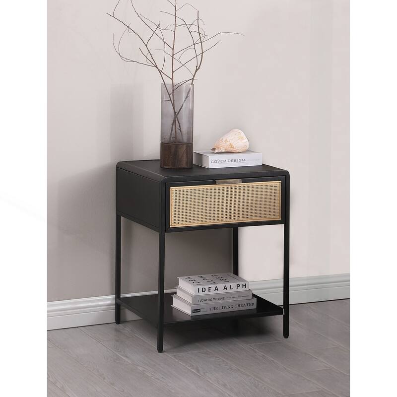 Chic Metal Bedside Table with Cane Drawer for Stylish Spaces - Black