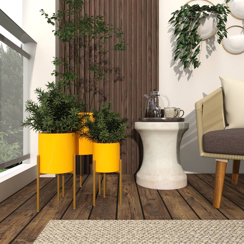 Metal Indoor Outdoor Planter with Removable Stand - Set of 3 Gold, Silver, Black, White, Teal, Yellow - Roche River Decor