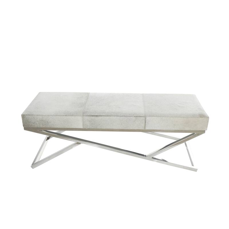 Leather Geometric Home Bench with Angled Silver Metal Base - Light Grey - Roche River Decor