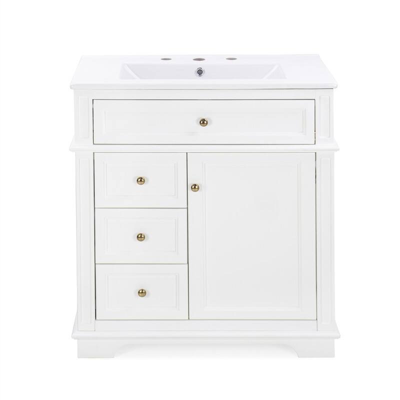 30" Bathroom Vanity with Ceramic Sink, Bathroom Vanity Cabinet with 3 Drawers, 1 Tip-out Drawer, Door Shelf & Soft Closing Door