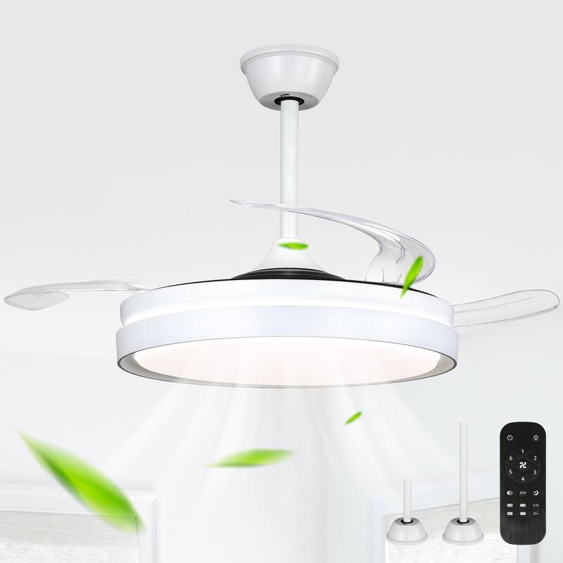 Cusp Barn 42 Inch Retractable Ceiling Fan with Lights, Modern Silent DC Motor 6 Speeds Chandelier Ceiling Fan for Bedroom