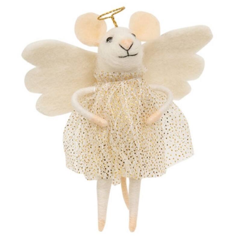 Angel Mouse Felted Ornament Rustic Christmas Tree Decoration - 5.50 in. - Off-White