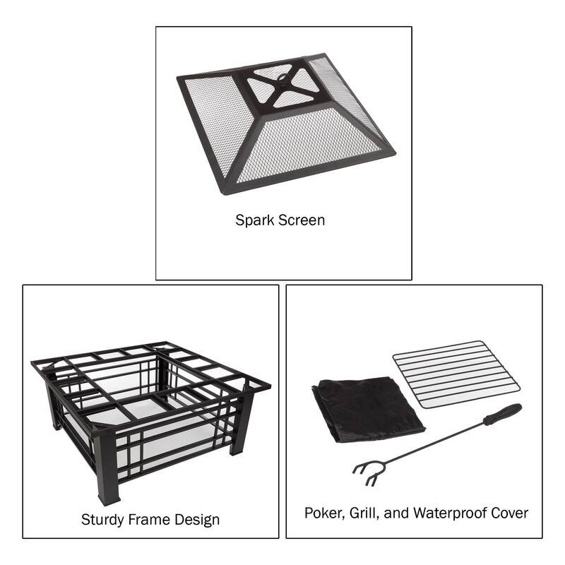 Pure Garden 32" Square Outdoor Wood Burning Firepit with Steel Bowl - 32 x 32 x 19.5 in.