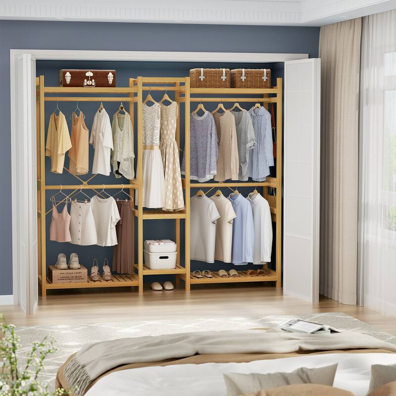 Bamboo Closet System Clothes Rack, Large Freestanding Garment Rack Clothing Rack for Hanging Clothes