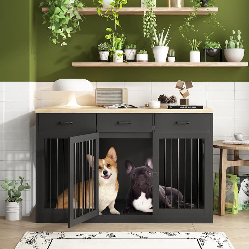 Modern Large Dog Crate with Storage Drawers - Elegant Espresso Finish