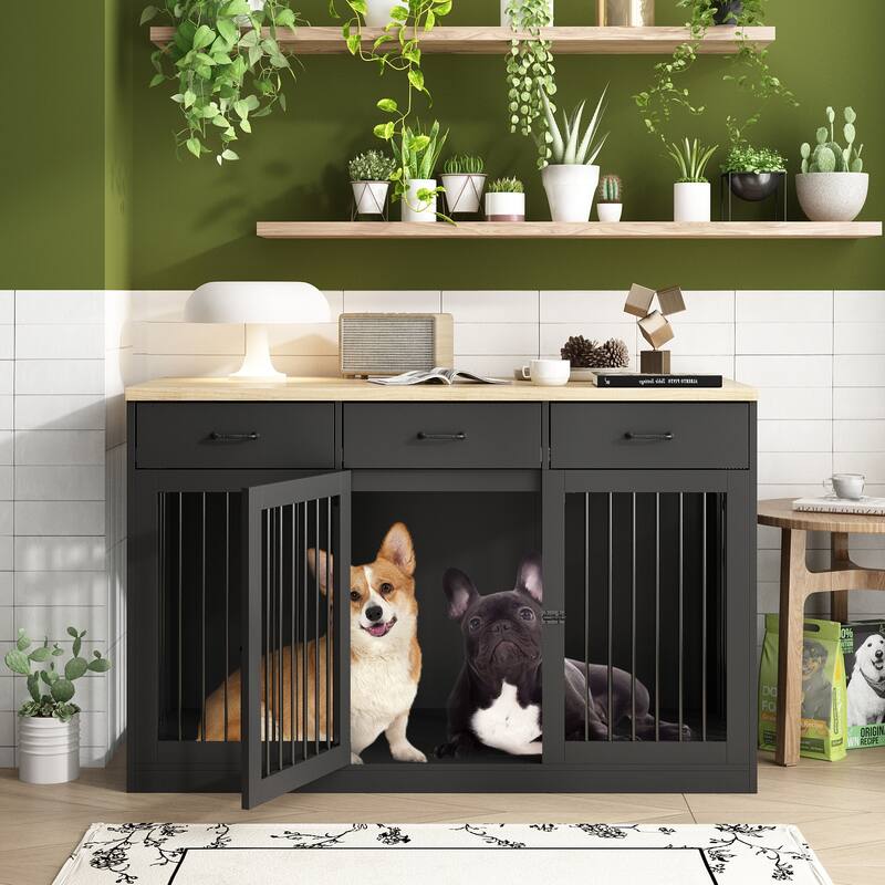 Modern Wooden Dog Crate Furniture, Pet Dog Cage with 3 Drawers