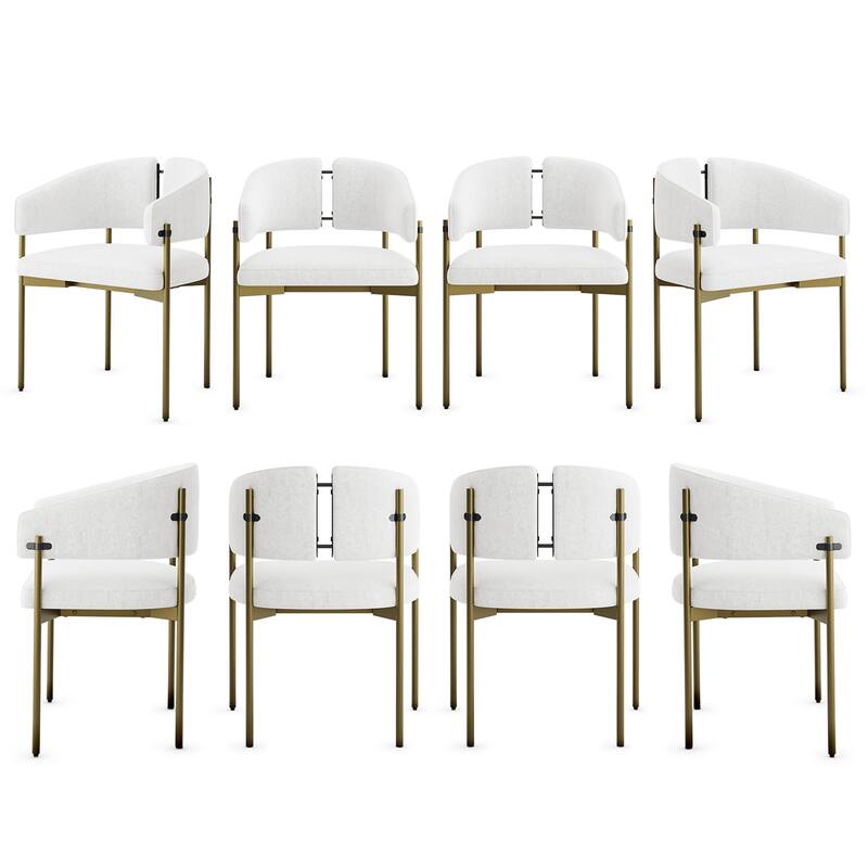Classic and Luxurious Barrel Dining Chairs with Arms - Set of 8 - Brushed Gold and White