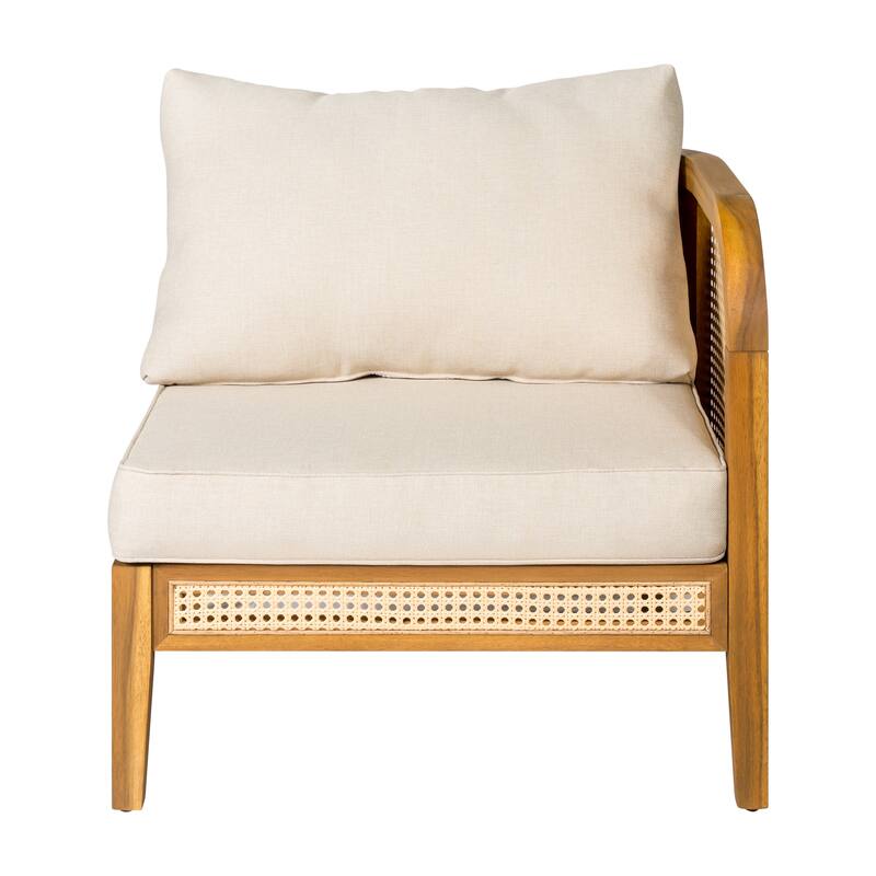 Roomfitters Kirkby Outdoor 5 Seater V-Shaped Acacia Wood Sectional Sofa with Wicker Accents, Teak Finish and Beige Cushions