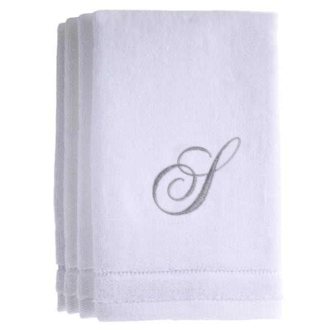 Monogrammed White Fingertip Towel Set of 4 Embroidered with Initial - S