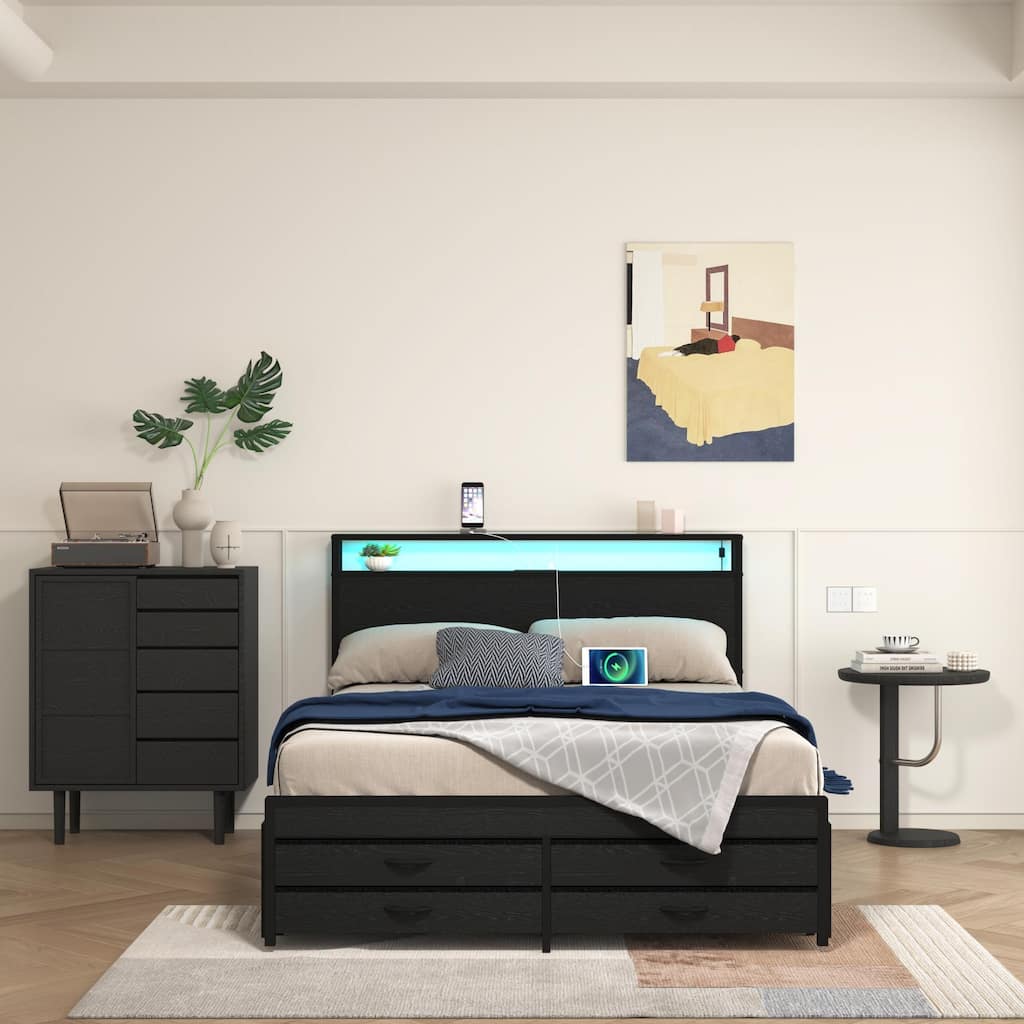Metal Platform Bed Frame with 8 Storage Drawers,LED Headboard and Charging Station