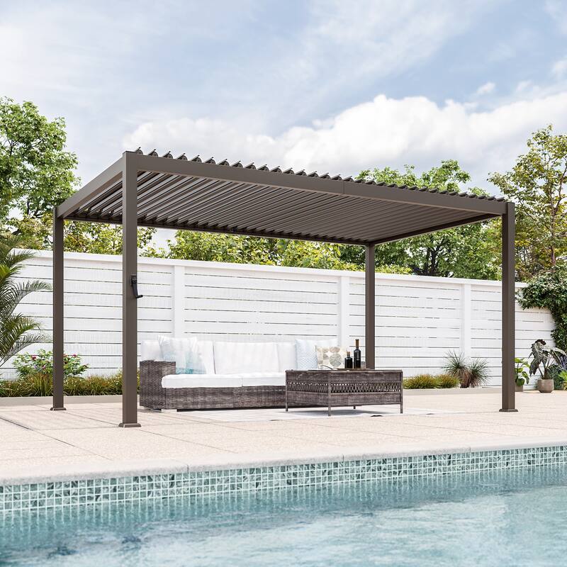 Aluminum Steel Pergola, Outdoor Pergola with Adjustable Roof - 9x14FT - Brown