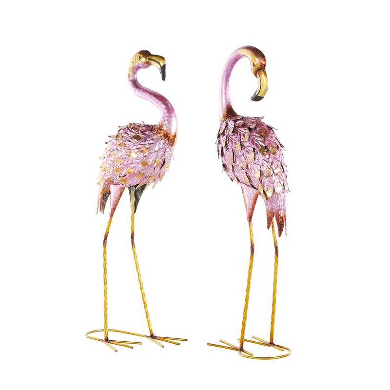 Pink Metal Flamingo Decorative Garden Sculpture with Dimensional Feathers and Gold Accents (Set of 2)
