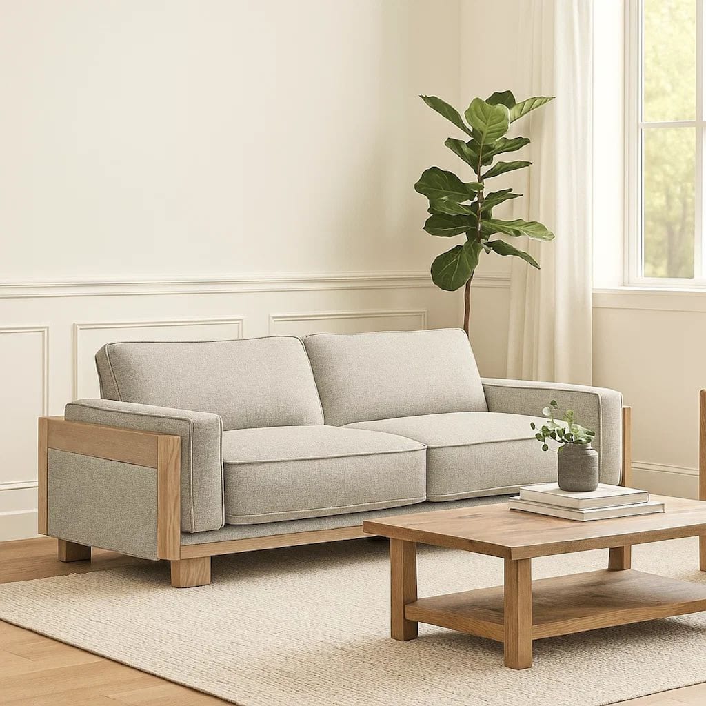 Denu Sofa, Light Brown Fabric Padded, Welt Trim Details, 93 Inch