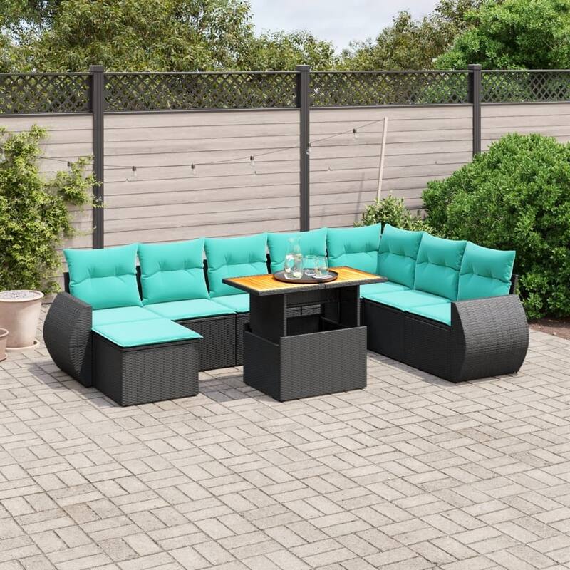 vidaXL Patio Sofa Set with Cushions Outdoor Furniture 9 Piece Poly Rattan - 24.4 x 24.4 x 27.2 - Black